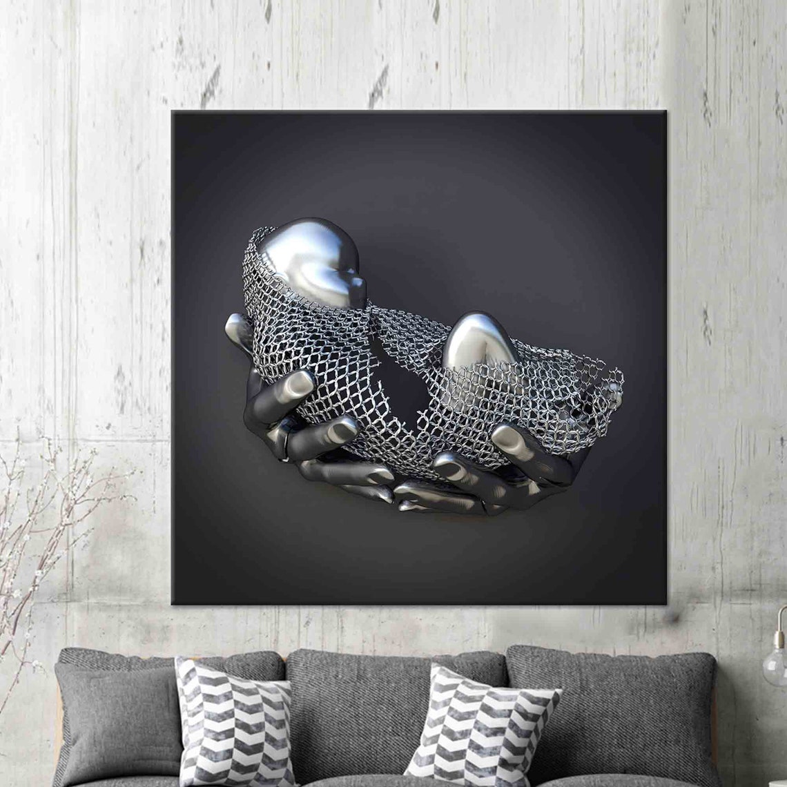 Silver Metal Hands Holding Mesh Hearts Black Modern Art Poster