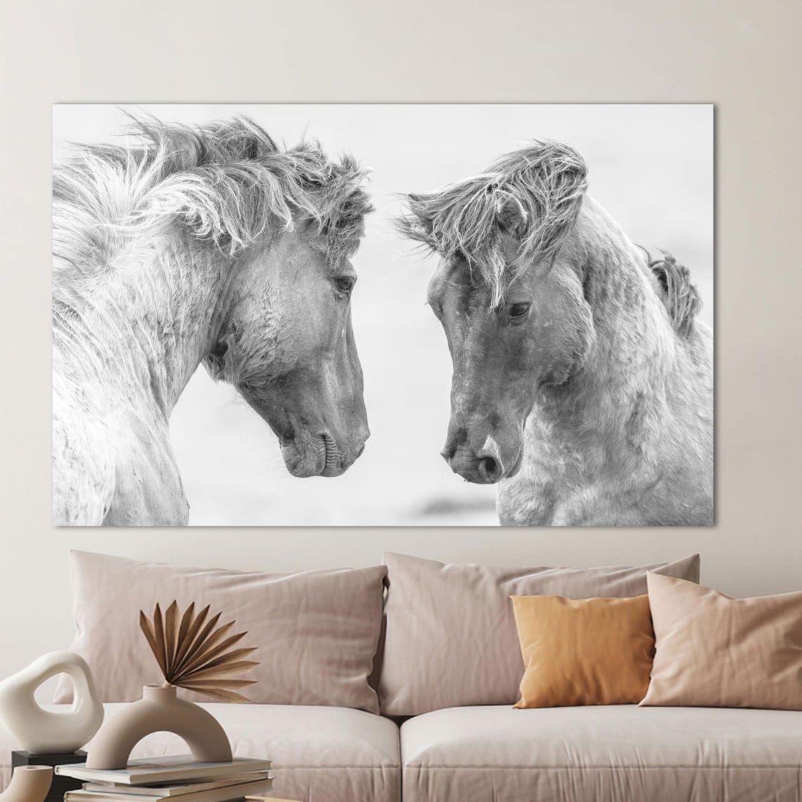 Two White Horses Facing Each Other Black And White Photo Poster - Image 2