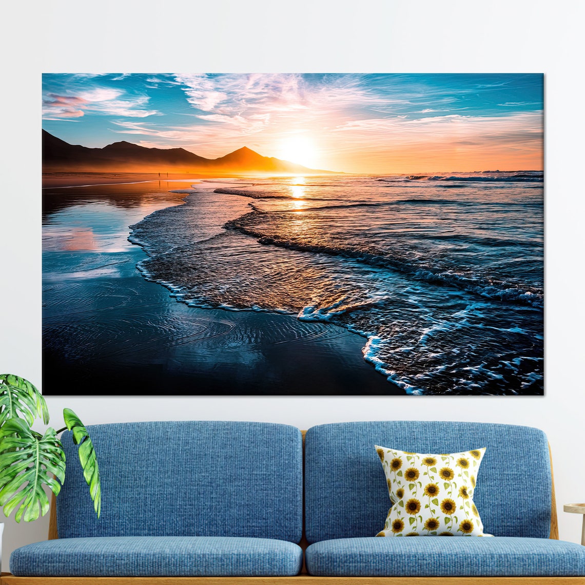 Ocean Sunset Waves Mountain Coast Golden Seascape Photography Poster