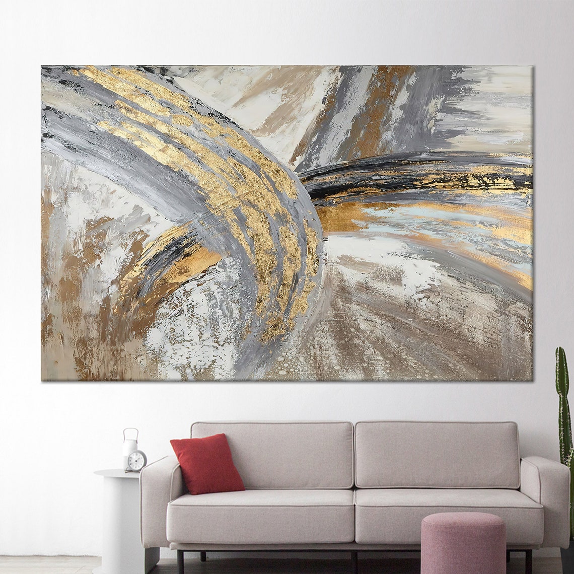 Luxurious Gold Leaf and Silver Gray Abstract Painting Poster