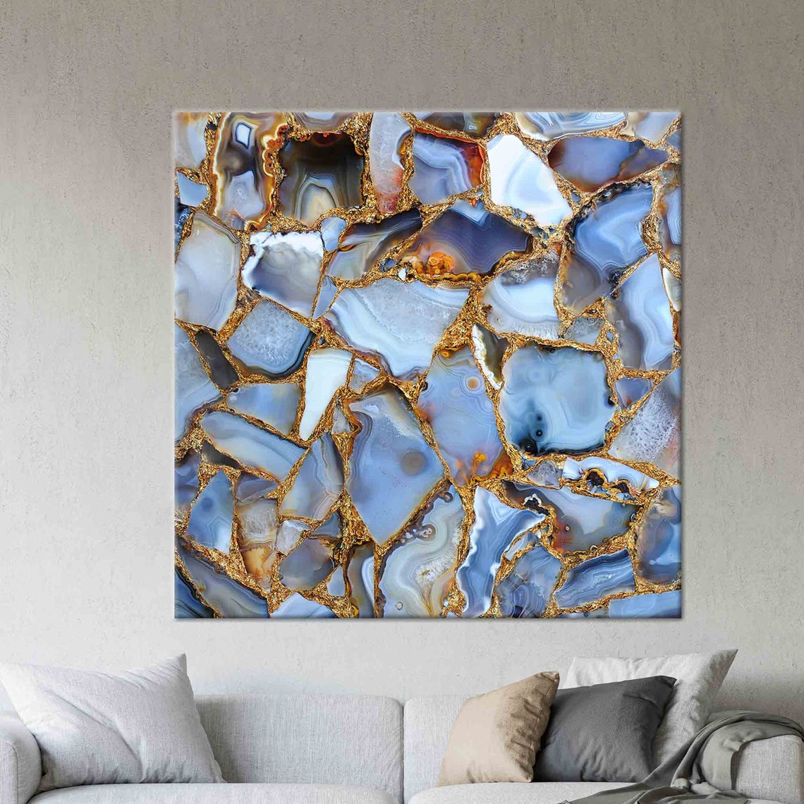 Blue Agate Geode Gold Veins Kintsugi Style Abstract Art Poster