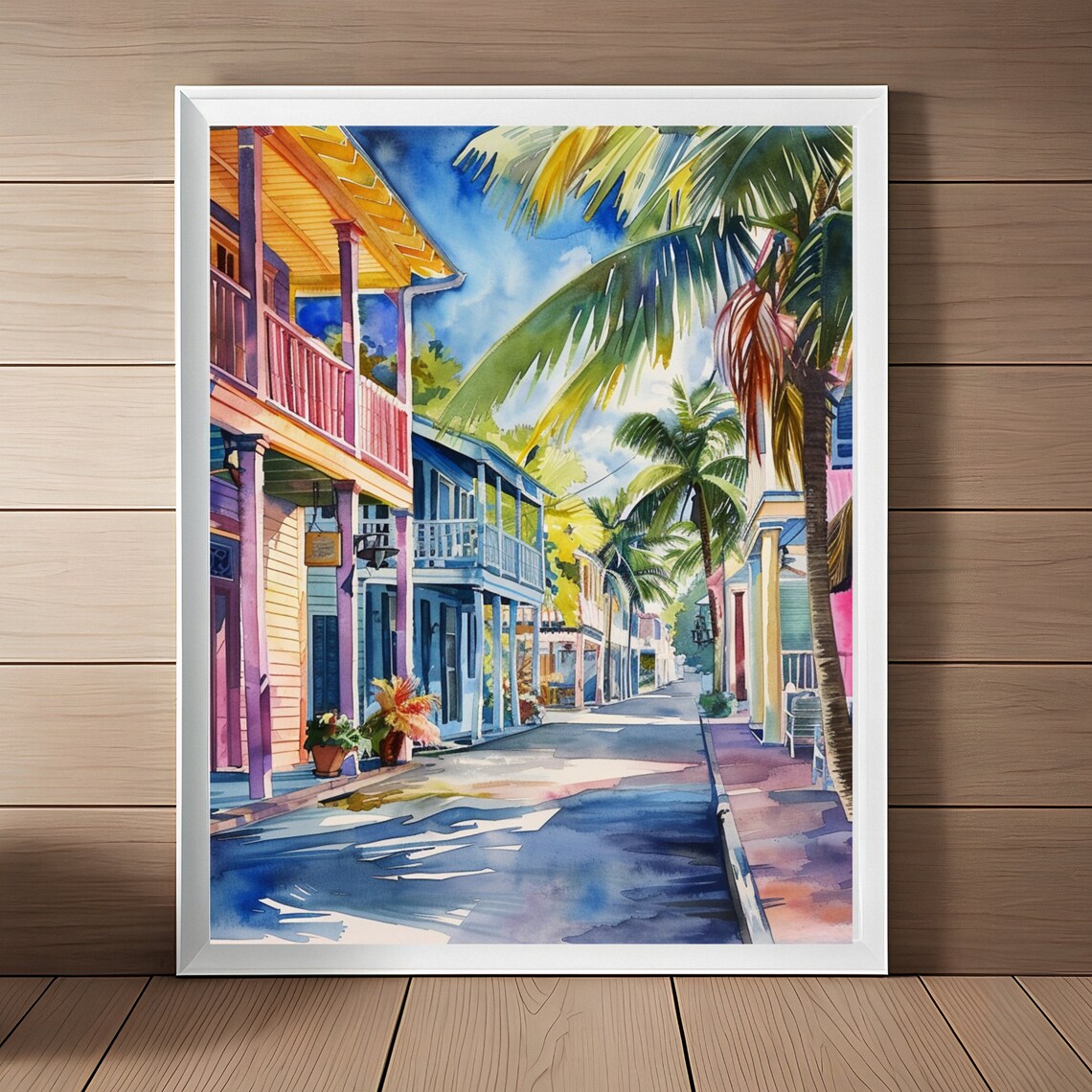Key West Streetscape Watercolor Travel Poster