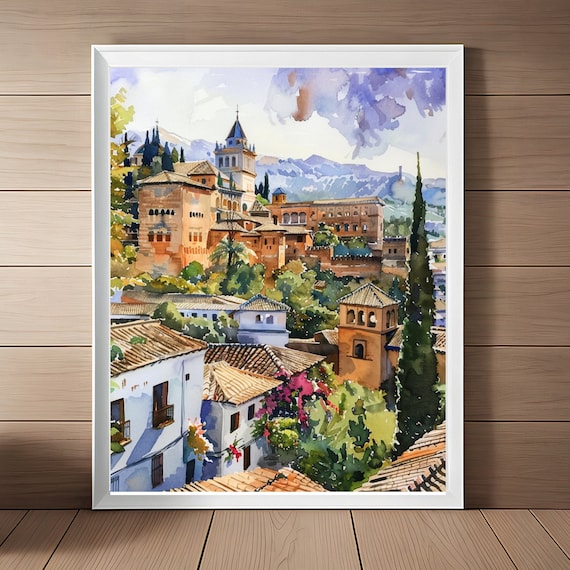 Granada Spain Alhambra Old Town Sierra Nevada Watercolor Poster