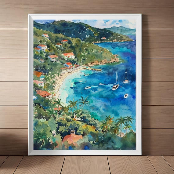 St John Watercolor Art Print, Caribbean Beach Seascape