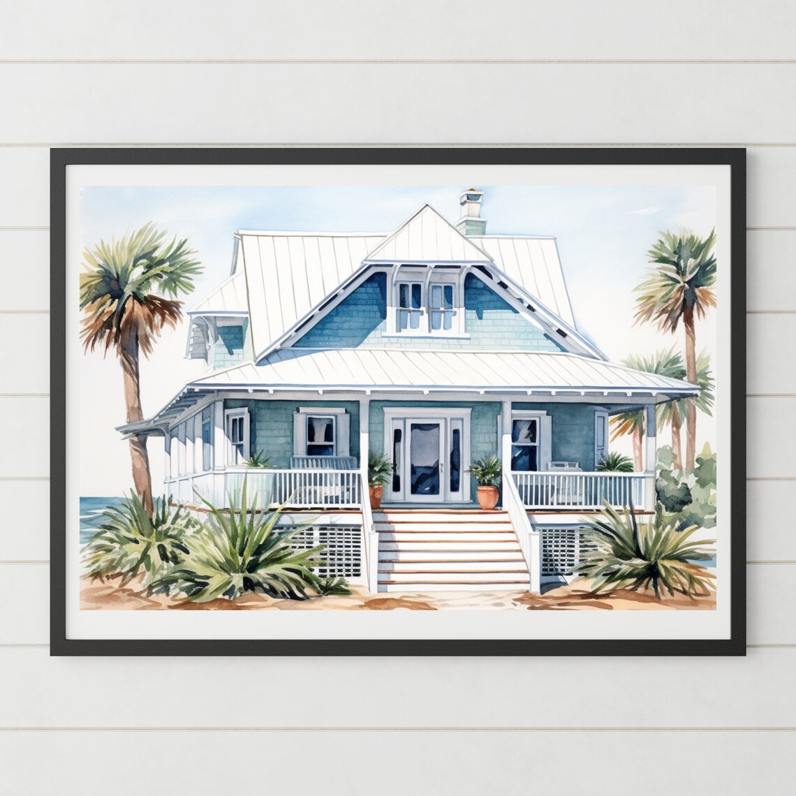 Beach House Coastal Farmhouse Watercolor Art Print