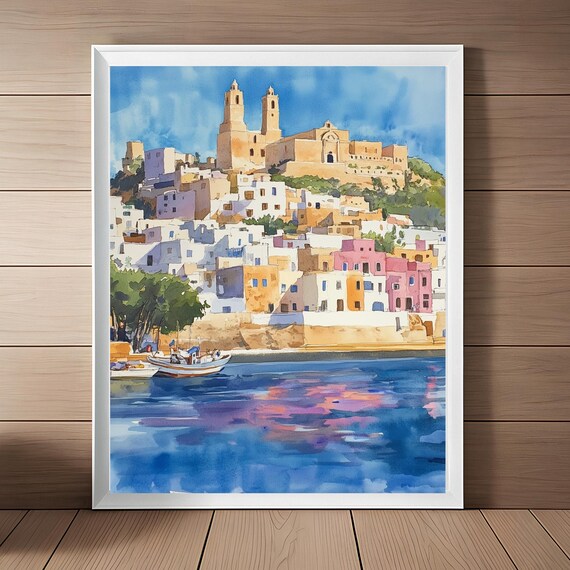 Ibiza Old Town Hilltop Fortress Harbor Watercolor Spain Art Poster