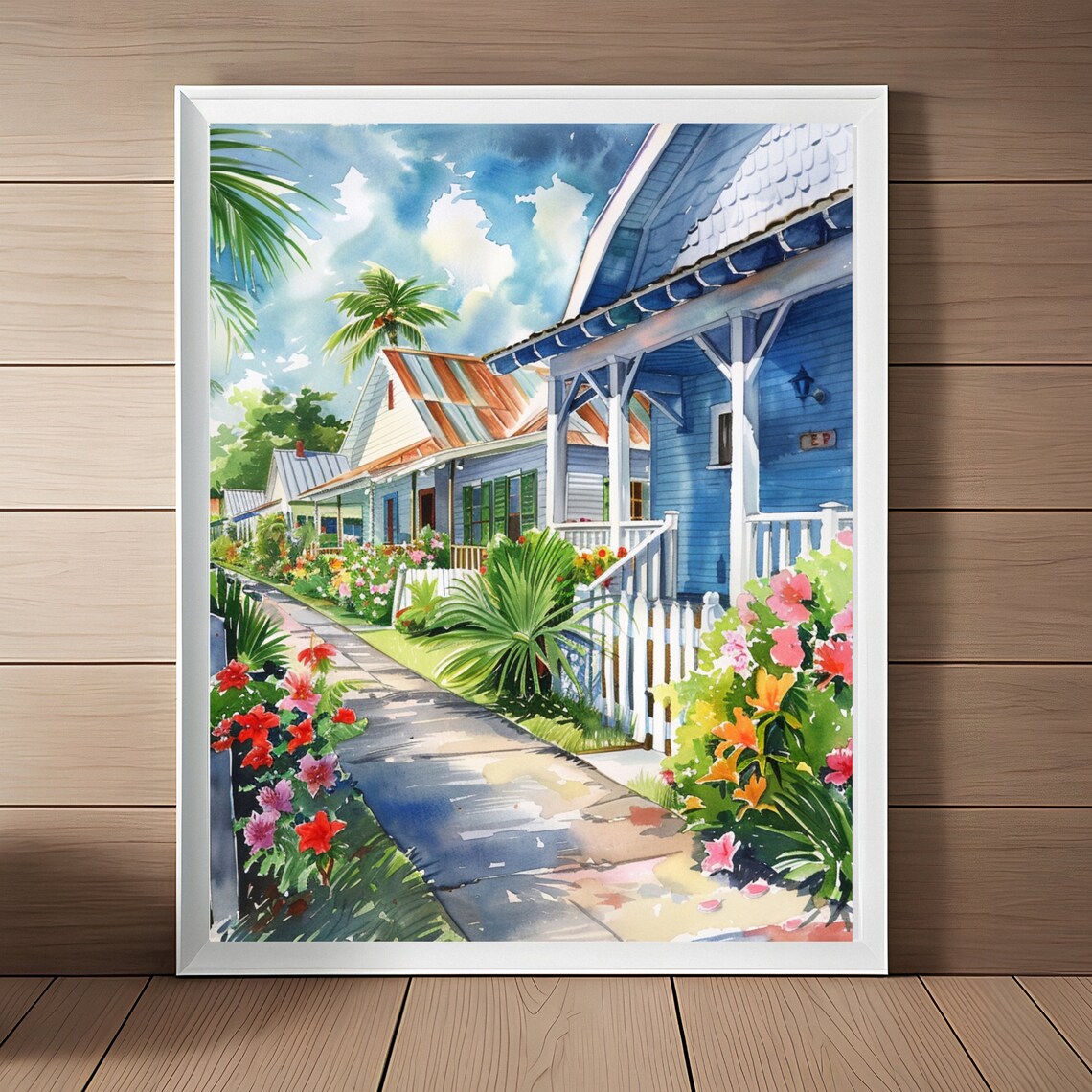 Key West Streetscape Watercolor Art Print, Florida Keys