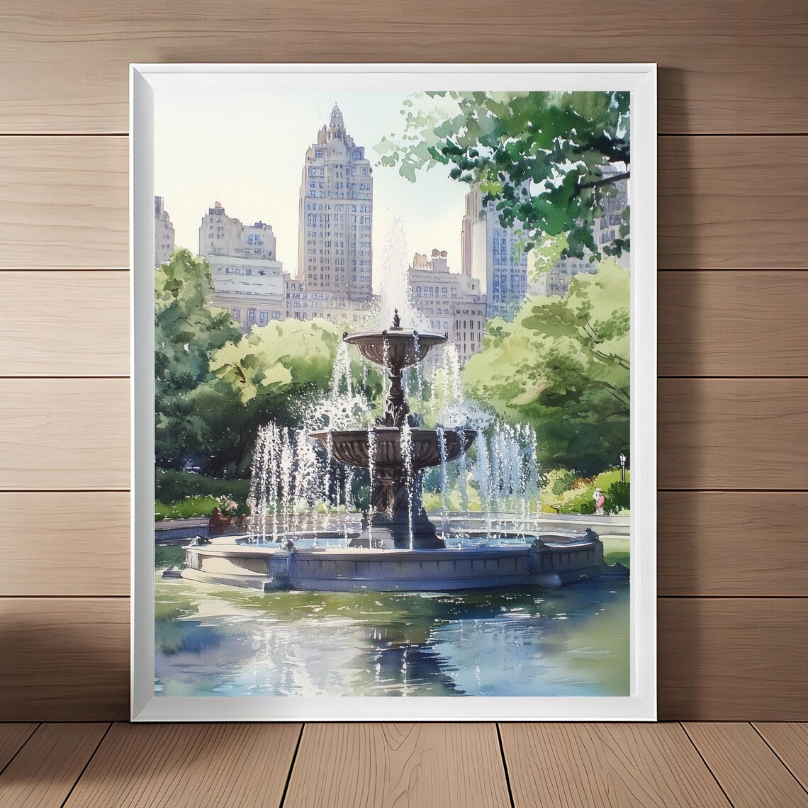New York Central Park Fountain Watercolor Travel Poster