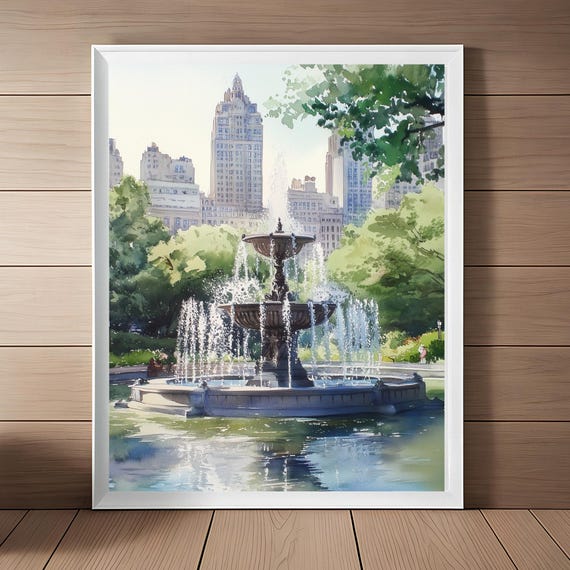 New York Central Park Fountain Watercolor Travel Poster