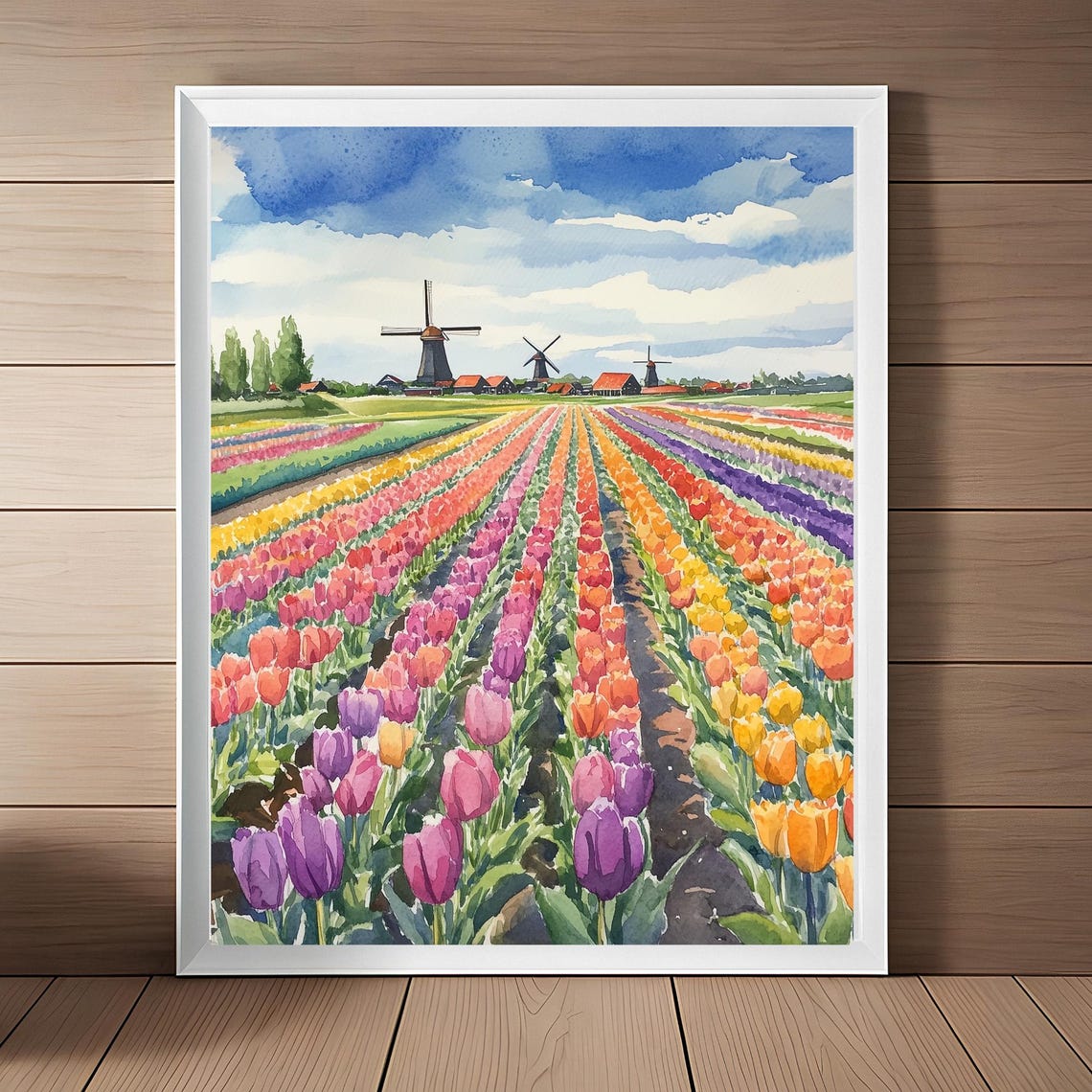 Netherlands Tulip Fields Windmills Spring Bloom Watercolor Wall Art