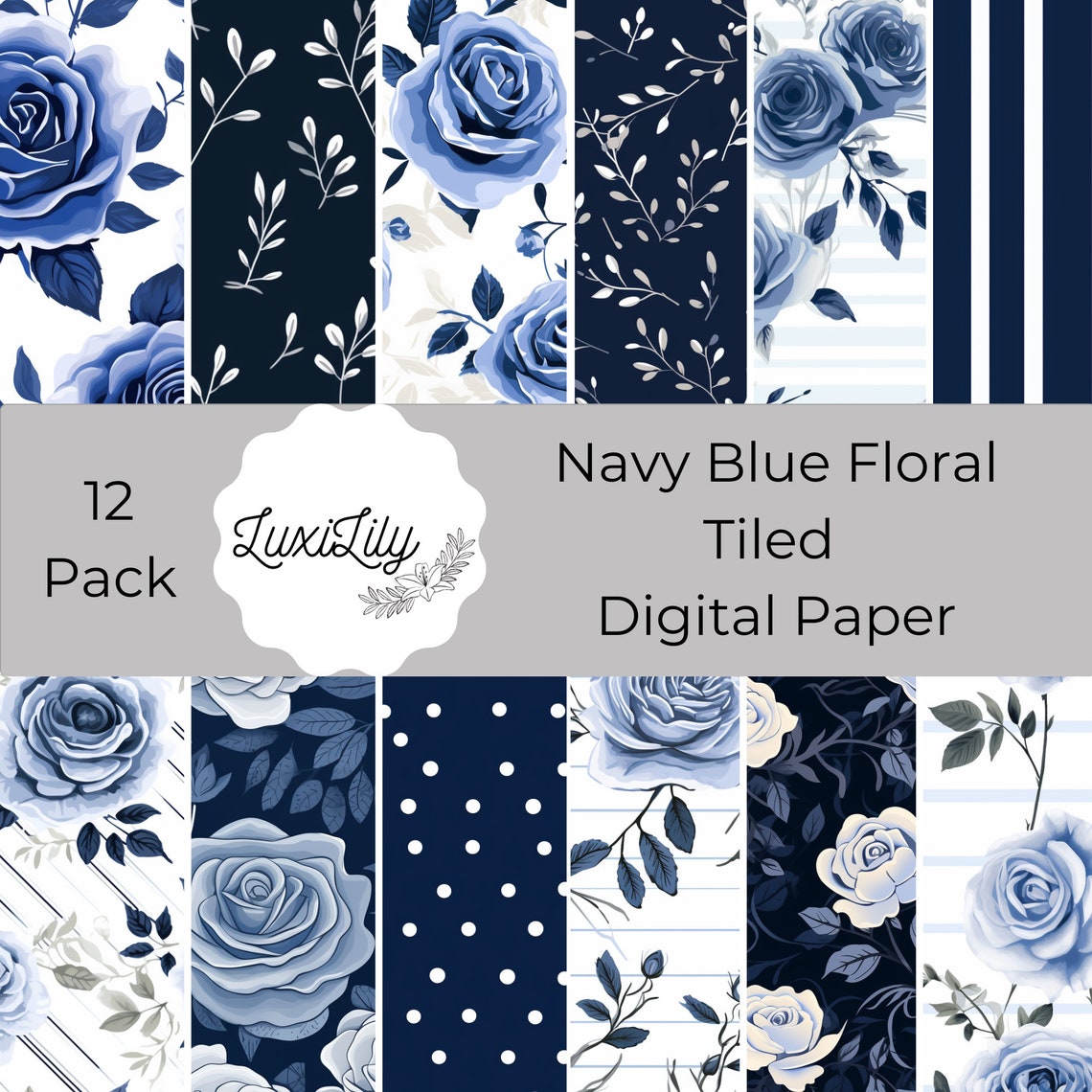 Navy Blue Floral Roses Seamless Tiled Pattern Elegant Wall Art