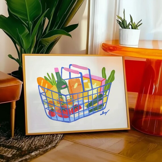 Colorful Grocery Basket Kitchen Illustration Food Shopping Art Poster
