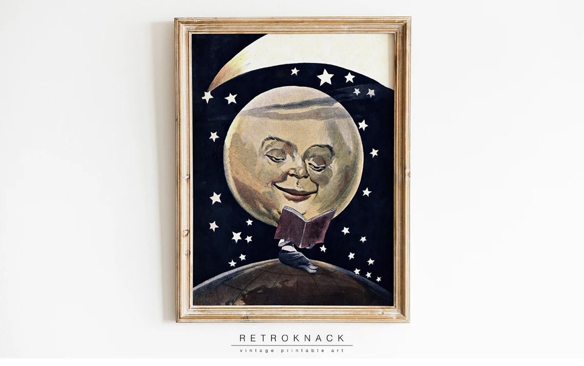 Smiling Full Moon Reading Book Over Earth Starry Night Nursery Print - Image 2