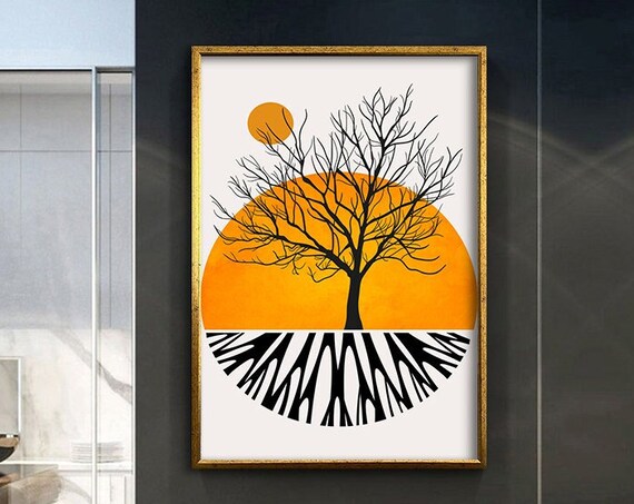Sun And Tree Abstract Design Print Wall Decor Minimalist Designs Modern Home Decoration Ready To Hang Wall Decor