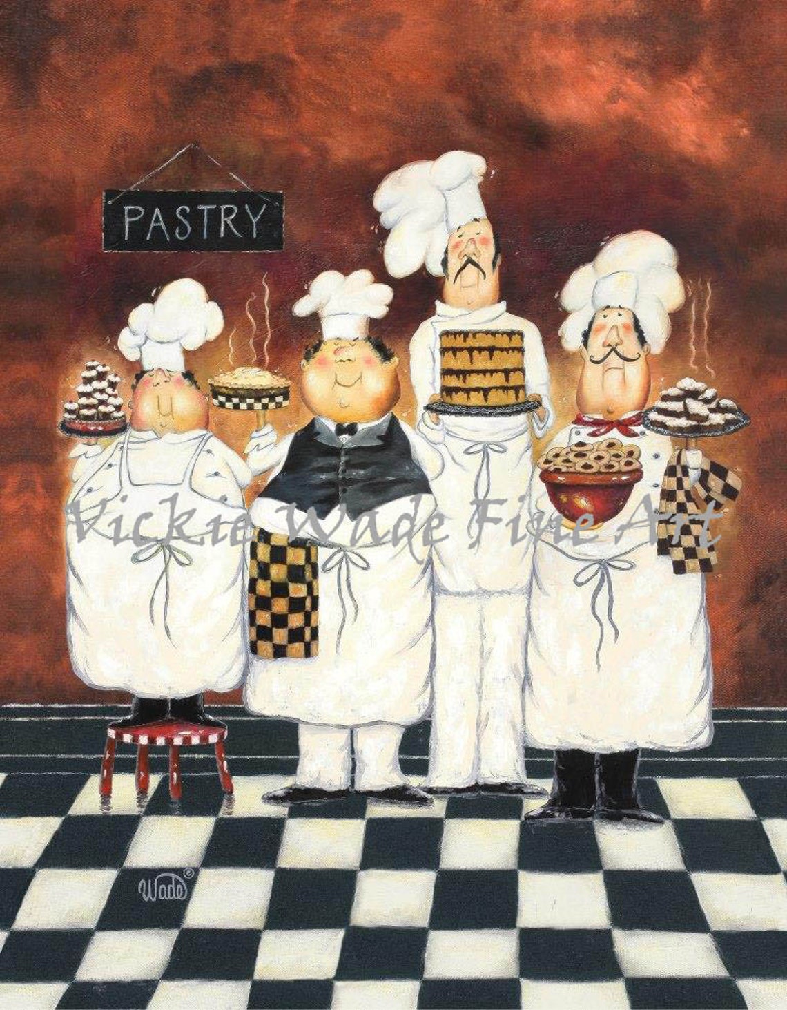 Four Tall Pastry Chefs Holding Desserts Under a PASTRY Sign Poster