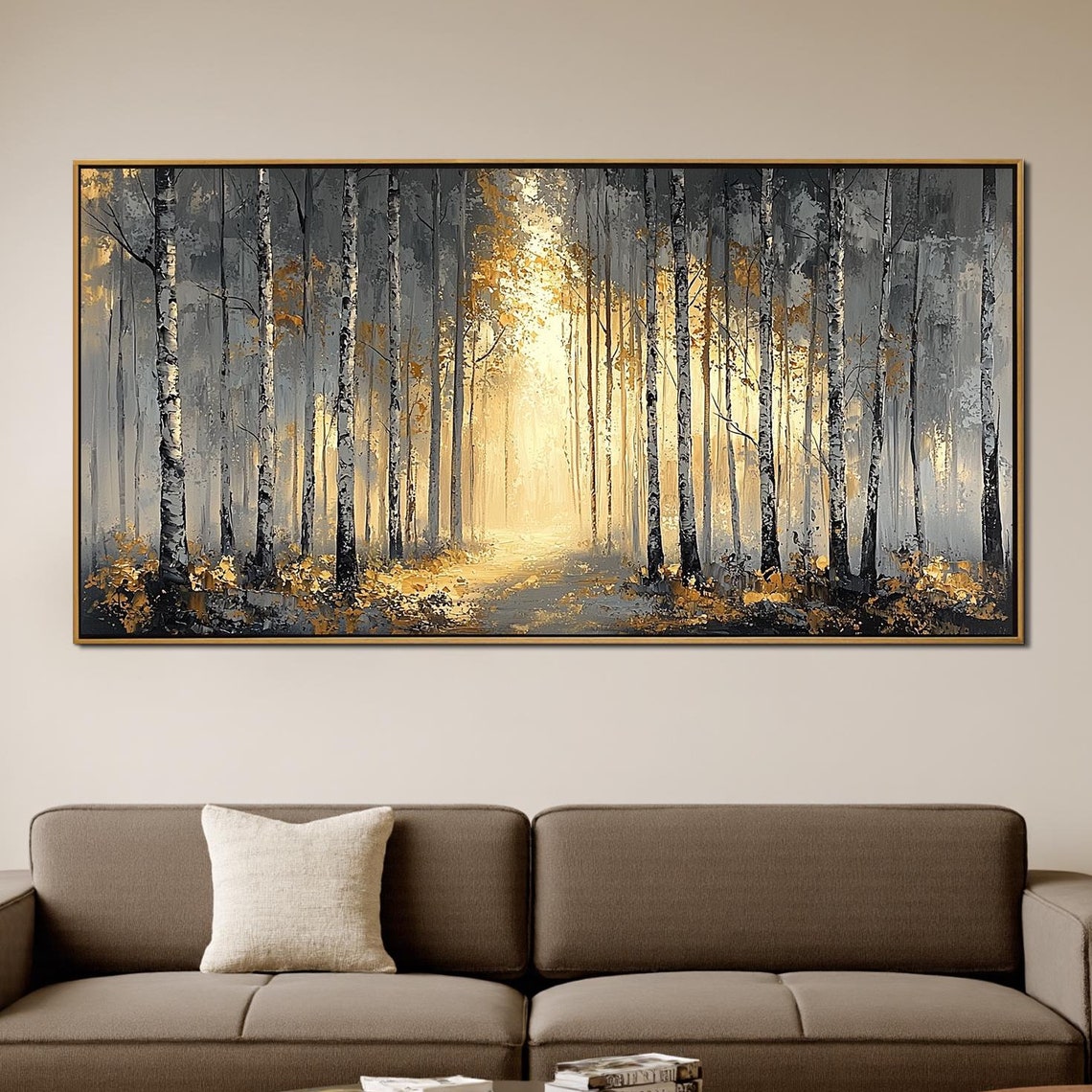 Sunlit Birch Forest Path with Golden Light on Gray Trees Poster