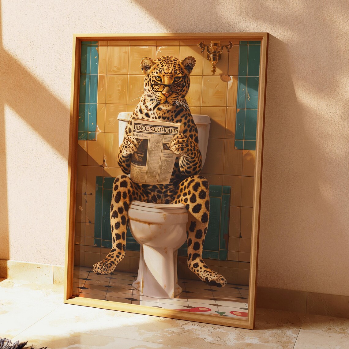 Leopard Reading Newspaper on Toilet Funny Bathroom Leopard Poster