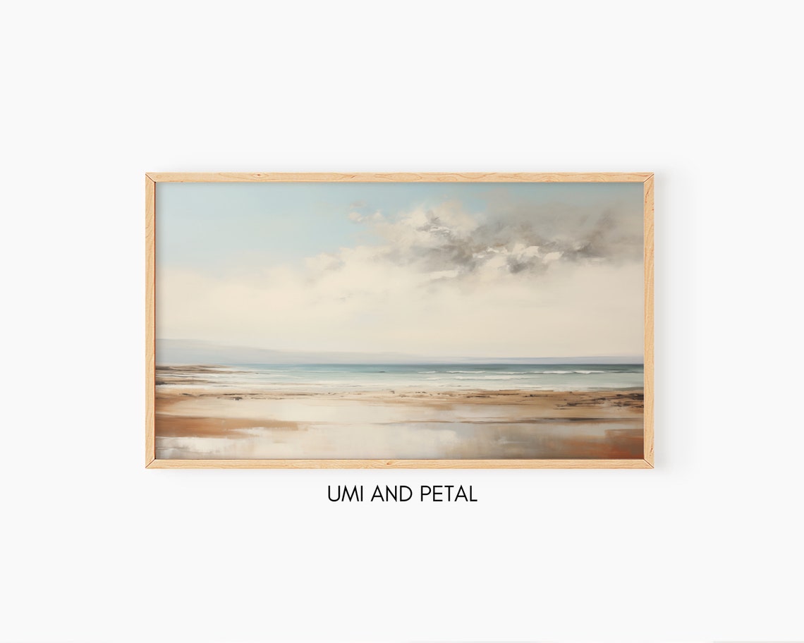 Serene Beach Shore Soft Clouds Calm Sea Coastal Oil Painting Poster