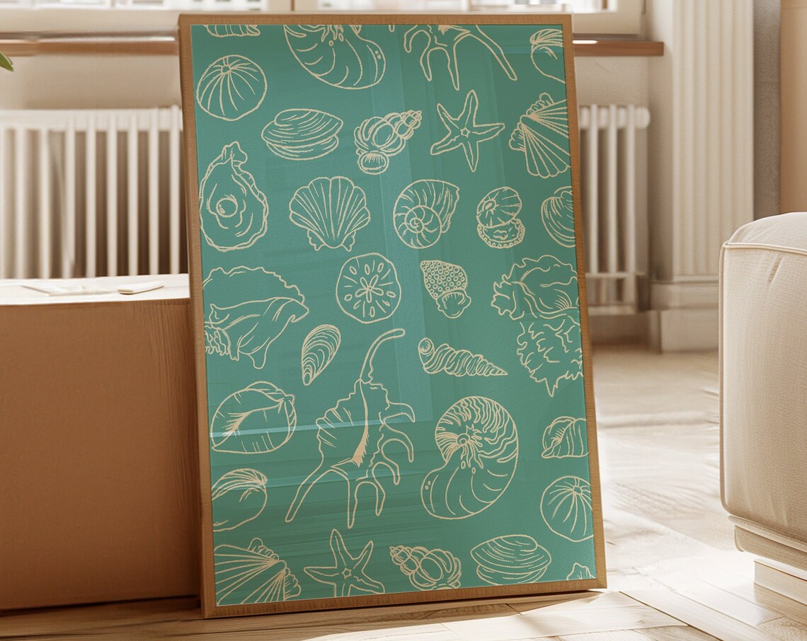 Cream Seashell Outline Pattern Aqua Teal Tropical Ocean Beach Poster