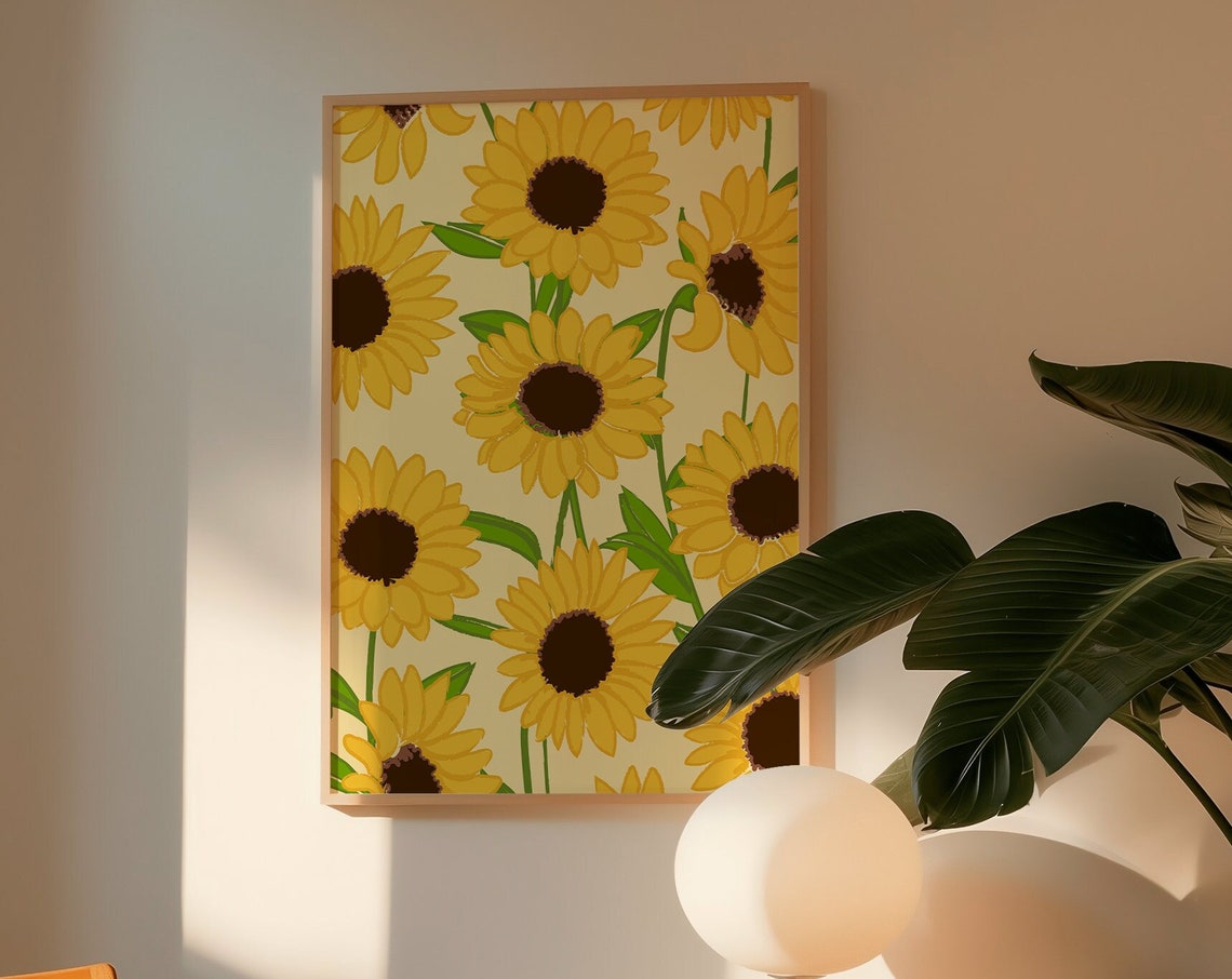 Cheerful Yellow Sunflower Field Pattern Ivory Botanical Poster
