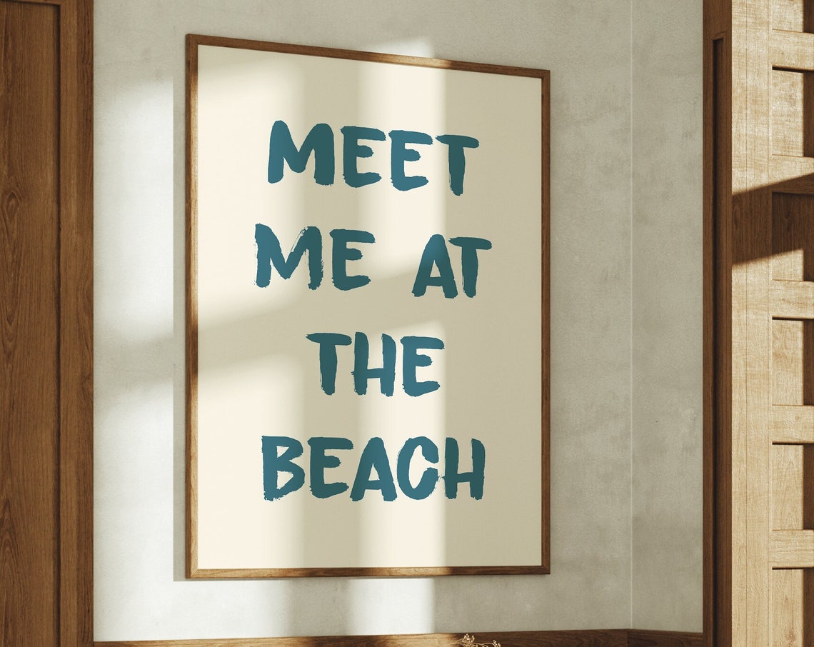 Meet Me At The Beach Teal Brush Text Cream Coastal Quote Poster