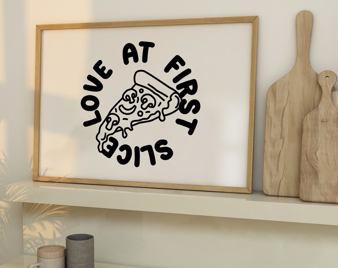 Love At First Slice Circle Typography Pizza Slice Kitchen Poster