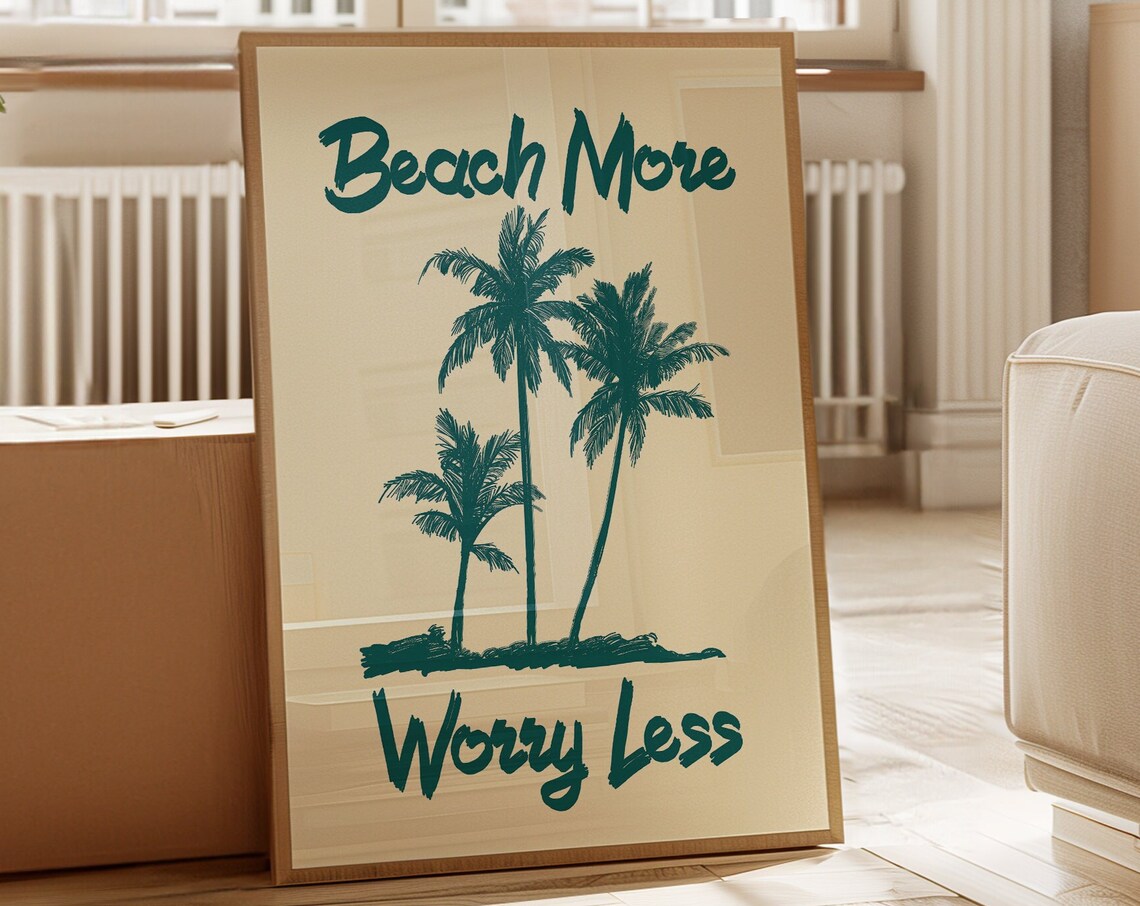 Beach More Worry Less Palm Trees Teal Retro Coastal Wall Art