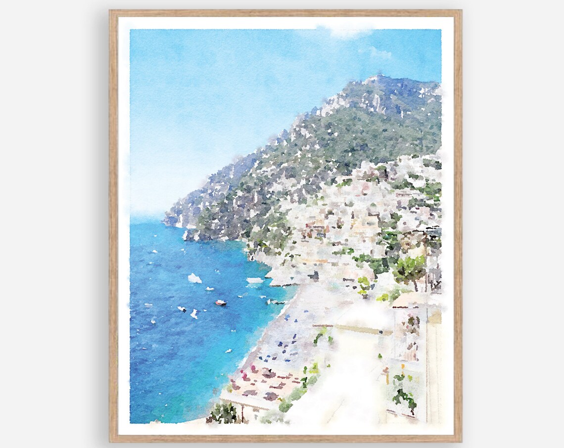 Amalfi Coast Art Positano Italy Wall Watercolor Travel Print European Italian Beach 5x7 8x10 11x14 16x20 18x24