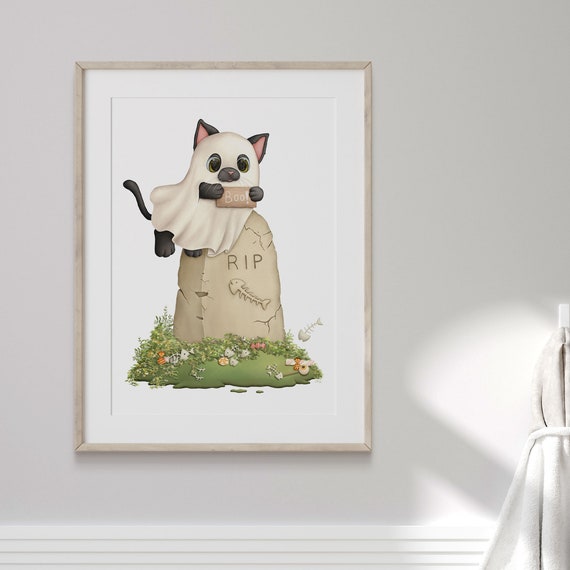Spooky Black Cat Boo Illustration Gicle Print Halloween Autumn Nursery Wall Art