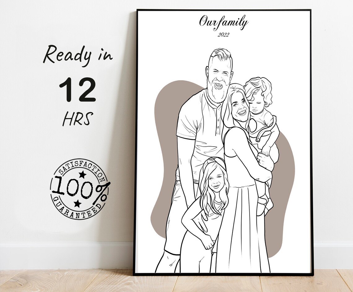 Family of Four Line Art Portrait Our Family 2022 Taupe Wash Poster