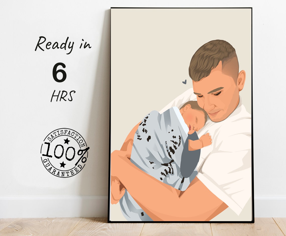 Father Holding Newborn Custom Color Portrait Cream Background Poster