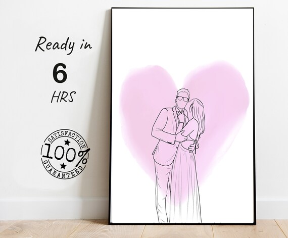 Faceless Couple Kiss Line Art Portrait With Pink Heart Poster