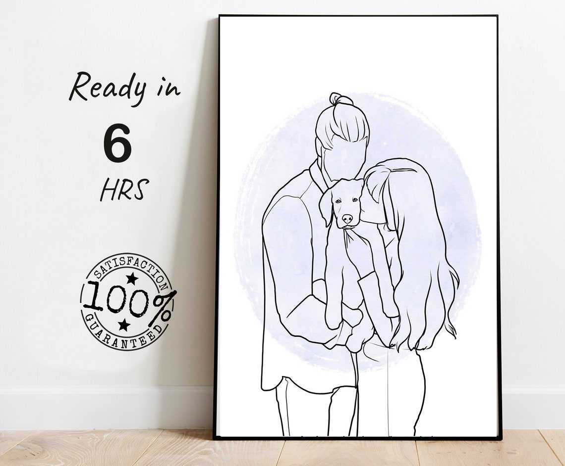 Faceless Couple with Dog Line Art Portrait Lavender Wash Poster