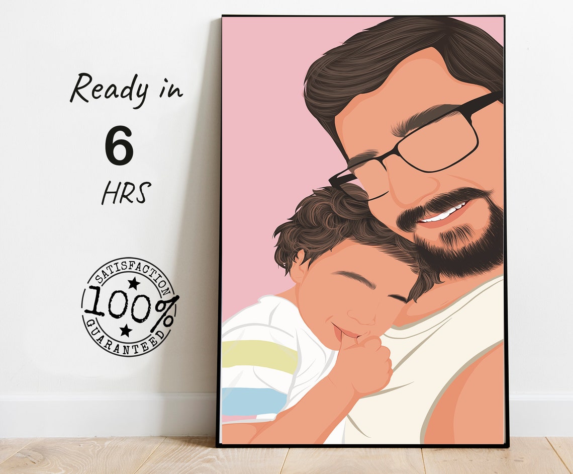 Father and Son Vector Portrait Hug on Pink Background Poster