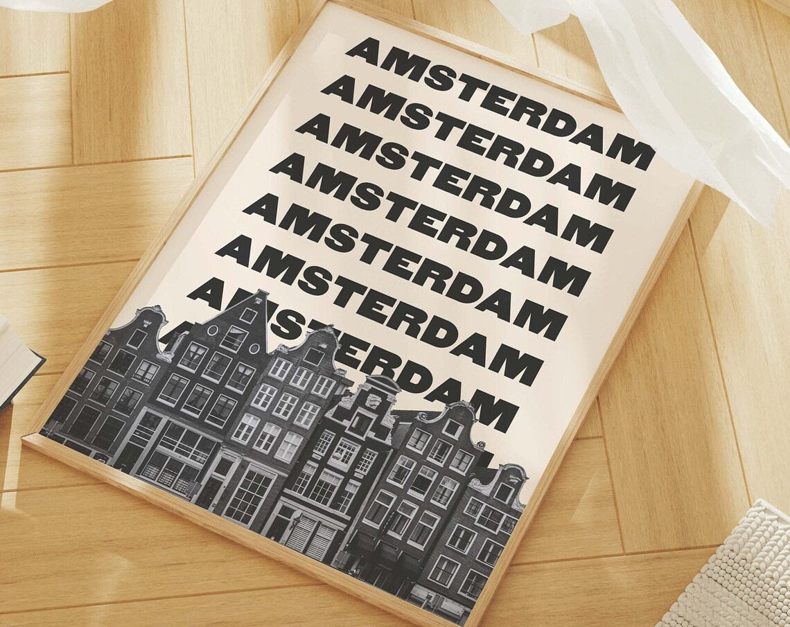 Amsterdam Repeated Text Black And White Canal Houses Travel Poster