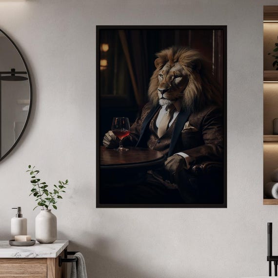 Dapper Lion In Suit Wall Art Regal Gentleman Animal Print Sophisticated Luxury Home Office Decor Dark Academia Man Cave Poster For Him