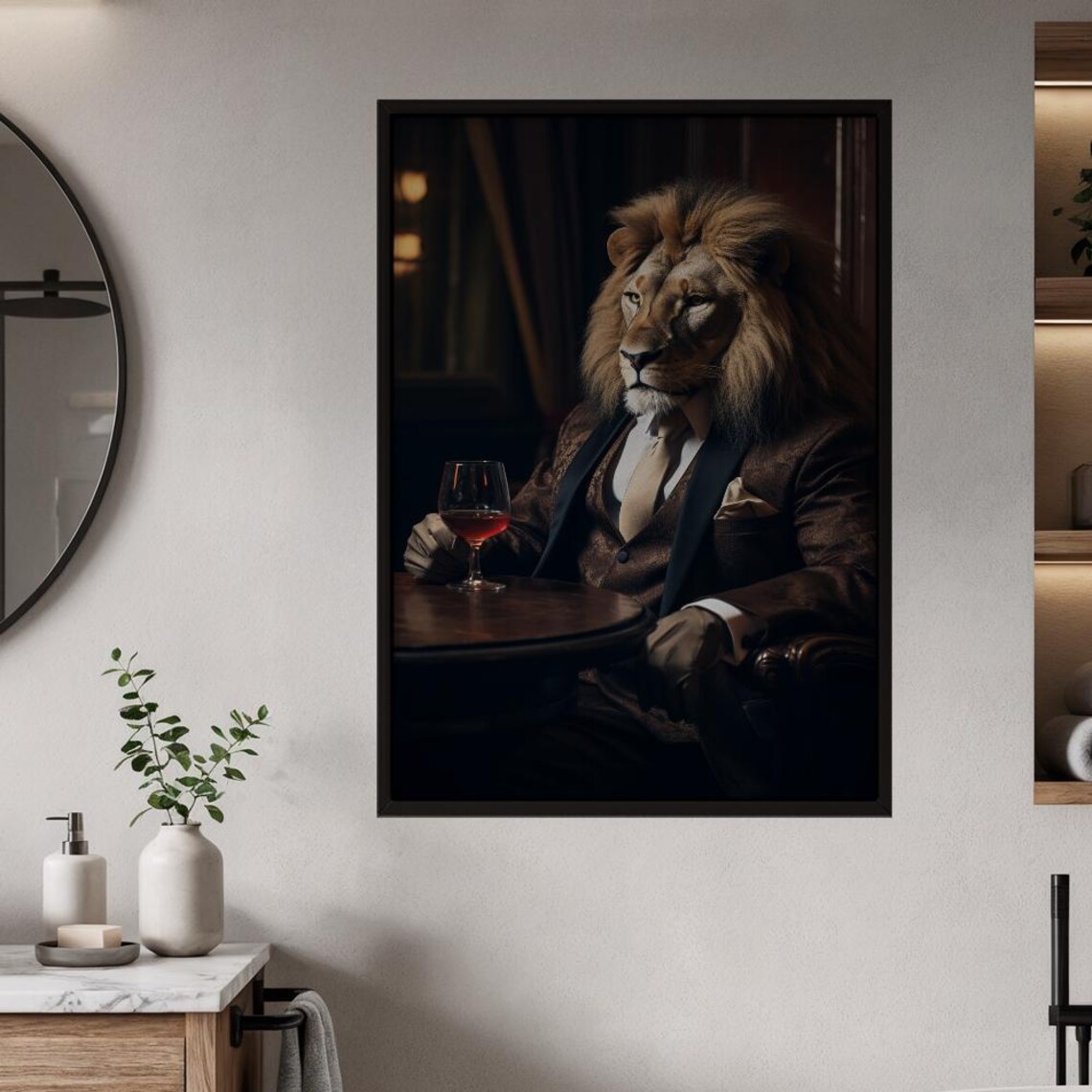 Dapper Lion in Suit With Wine Glass Sophisticated Animal Portrait Print