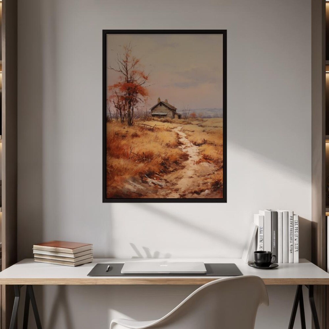 Rustic Farmhouse in a Golden Autumn Field Vintage Countryside Landscape Wall Art