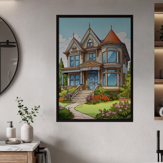 Victorian House Art Print Whimsical Storybook Home Decor Colorful Garden Landscape Poster Architectural Dream