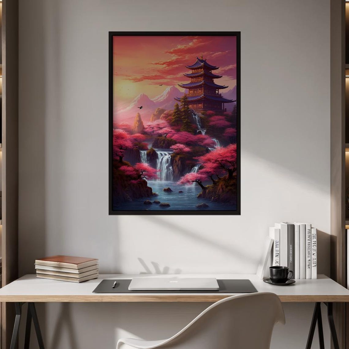 Japanese Pagoda at Sunset Poster With Cherry Blossoms and Waterfall