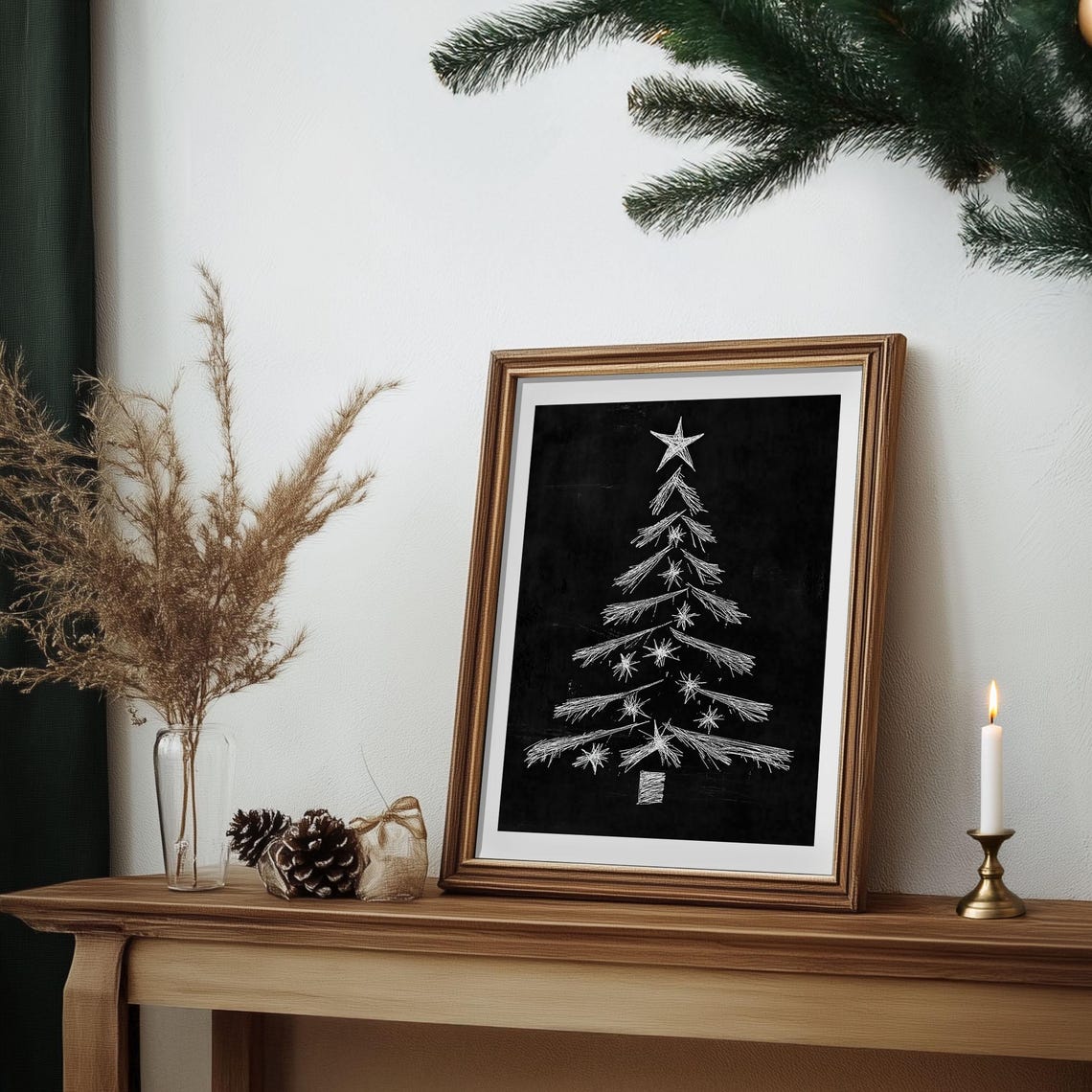 White Chalk Christmas Tree with Star on Black Chalkboard Poster - Image 7
