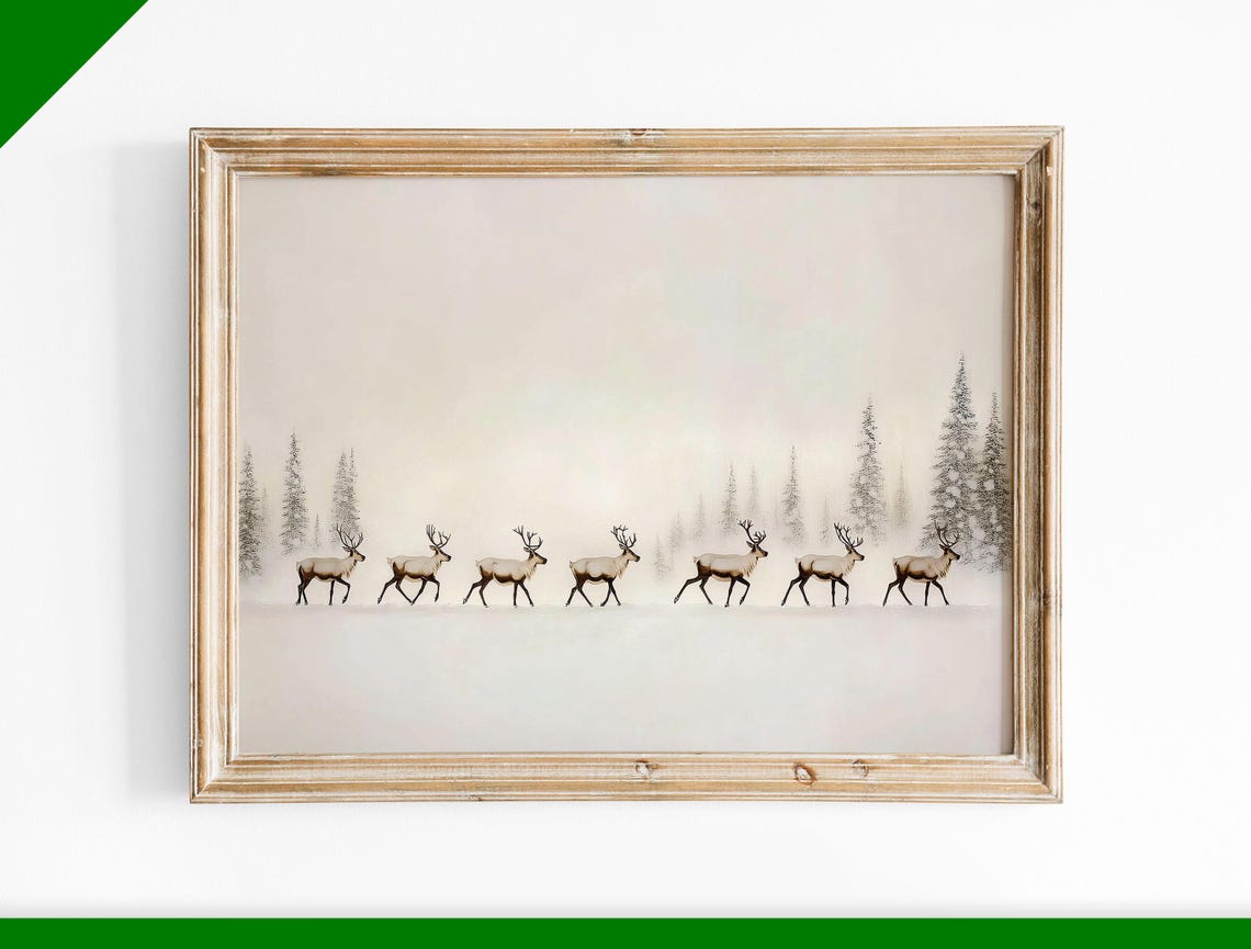Seven Reindeer Walking Through Misty Snow Winter Landscape Poster