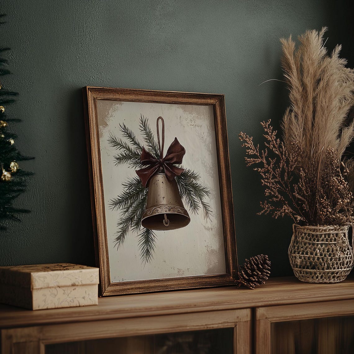 Antique Brass Bell With Burgundy Bow Pine Sprigs Rustic Poster - Image 6