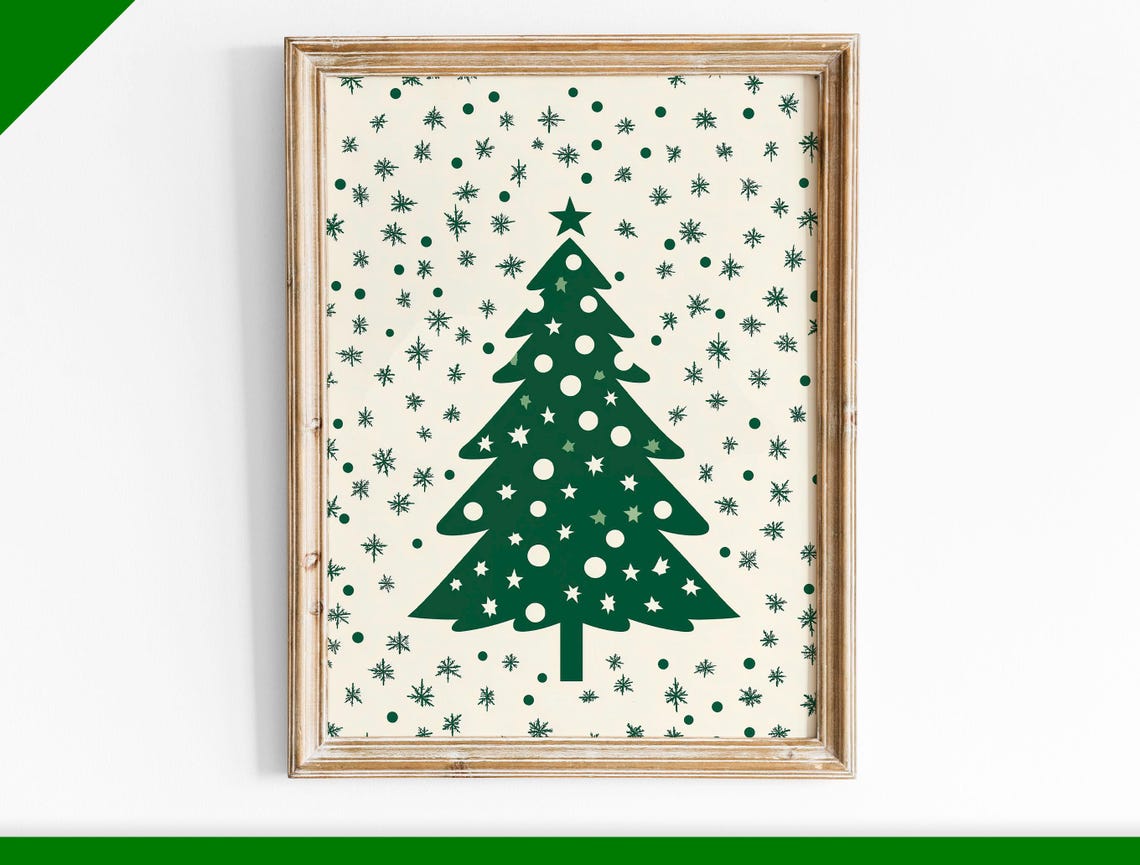 Modern Minimalist Green Christmas Tree Starry Holiday Wall Art