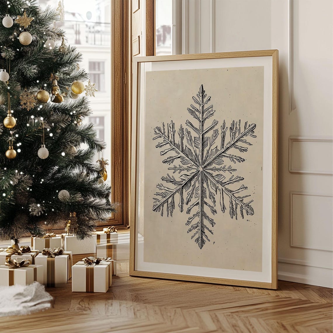 Vintage Botanical Snowflake Pencil Sketch Cream Background Poster - Image 2