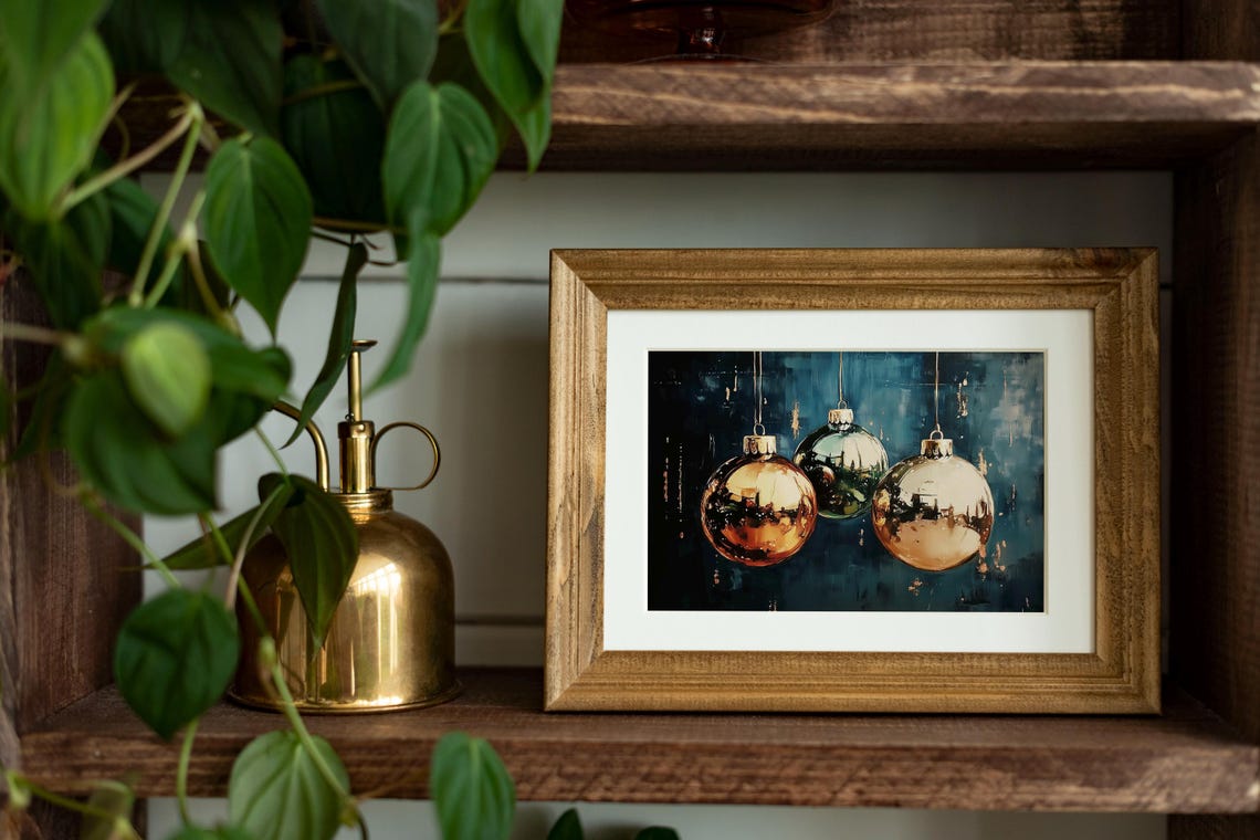Copper and Green Hanging Christmas Baubles Dark Blue Oil Poster - Image 2