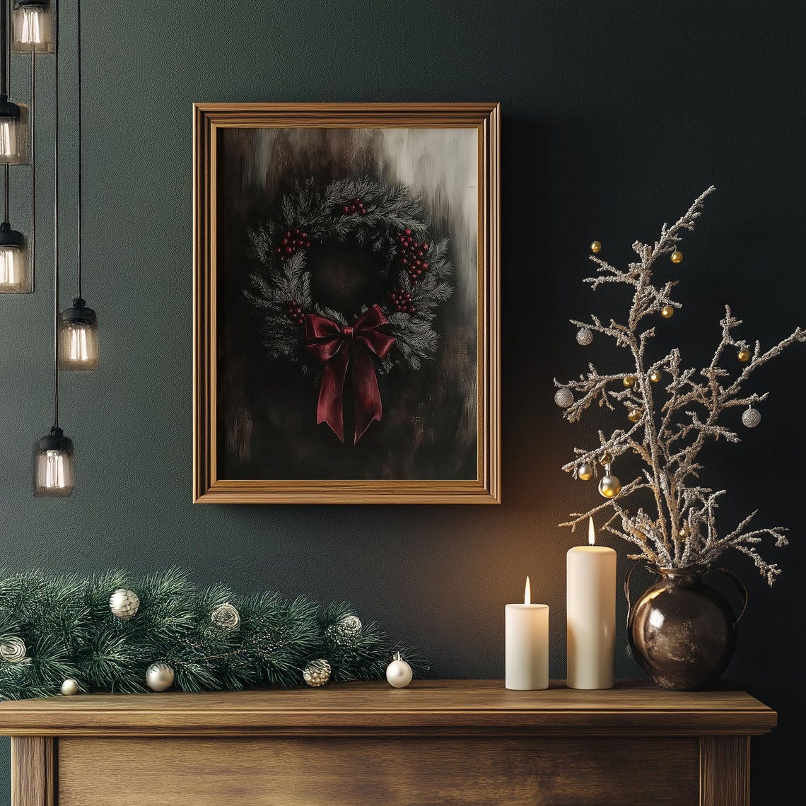 Frosted Pine Wreath with Red Berries and Burgundy Bow Christmas Poster - Image 4