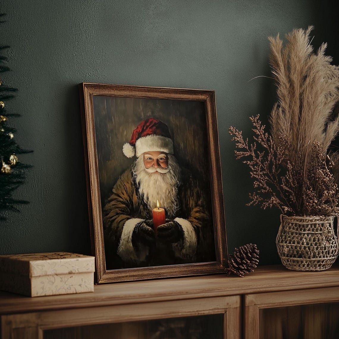 Santa Claus Holding a Candle Dark Rustic Oil Painting Christmas Poster - Image 7