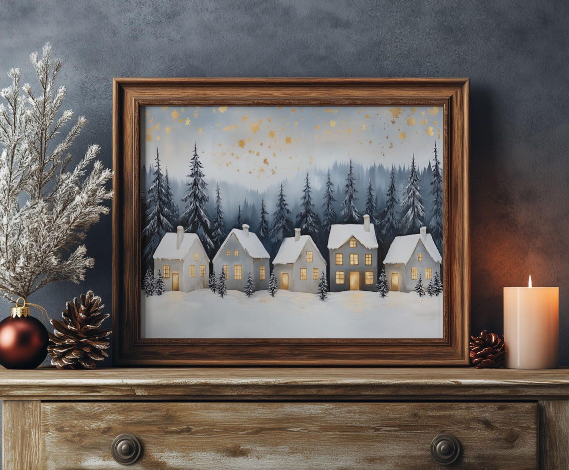 Row of White Snow Cottages Glowing Windows Golden Sky Winter Poster - Image 2