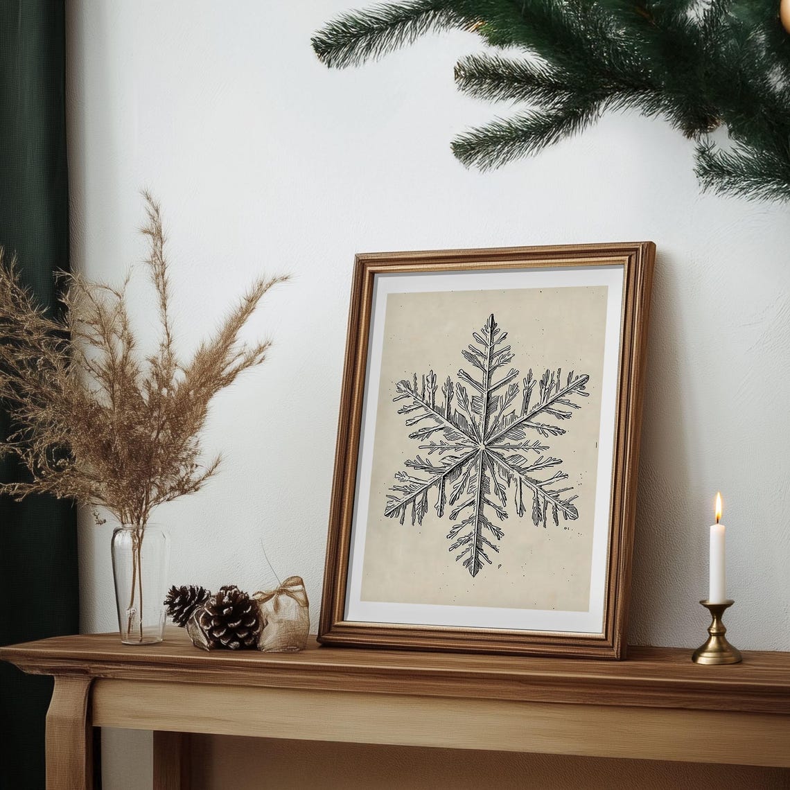 Vintage Botanical Snowflake Pencil Sketch Cream Background Poster - Image 6